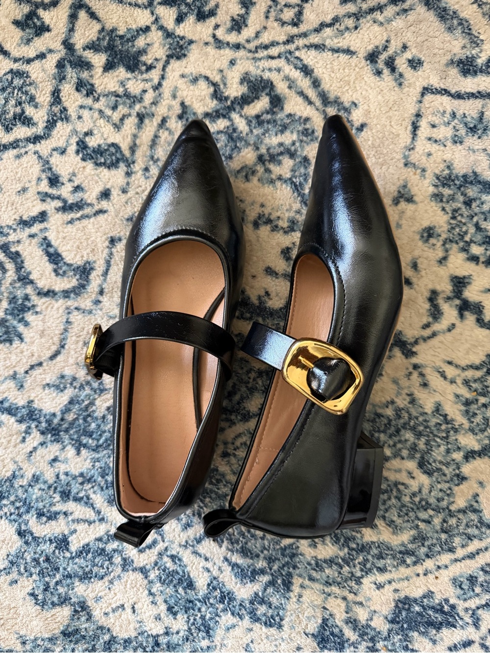 Black Mary Jane Pointed Block Heel with Gold Buckle